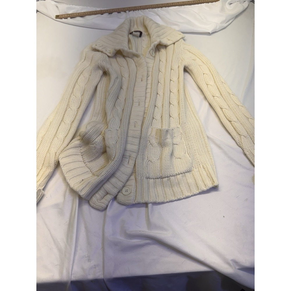 Susan Ess Cream Cable Knit Cardigan Size S Boho Fisherman Button Up Cream Cuff